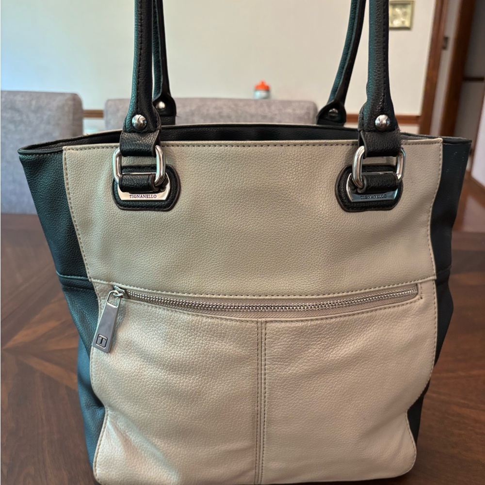 100% Leather Tignanello Black and Cream Tote